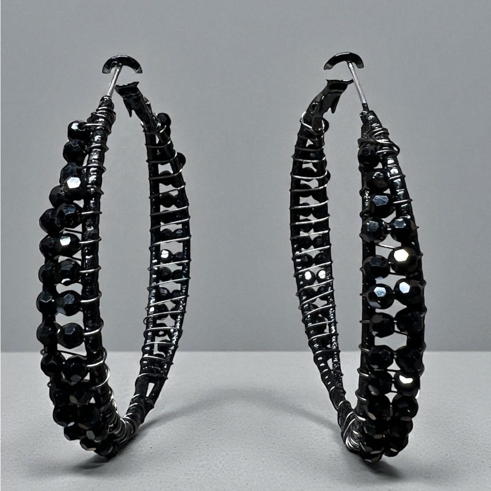 Elegant Black Beaded Hoop Earrings